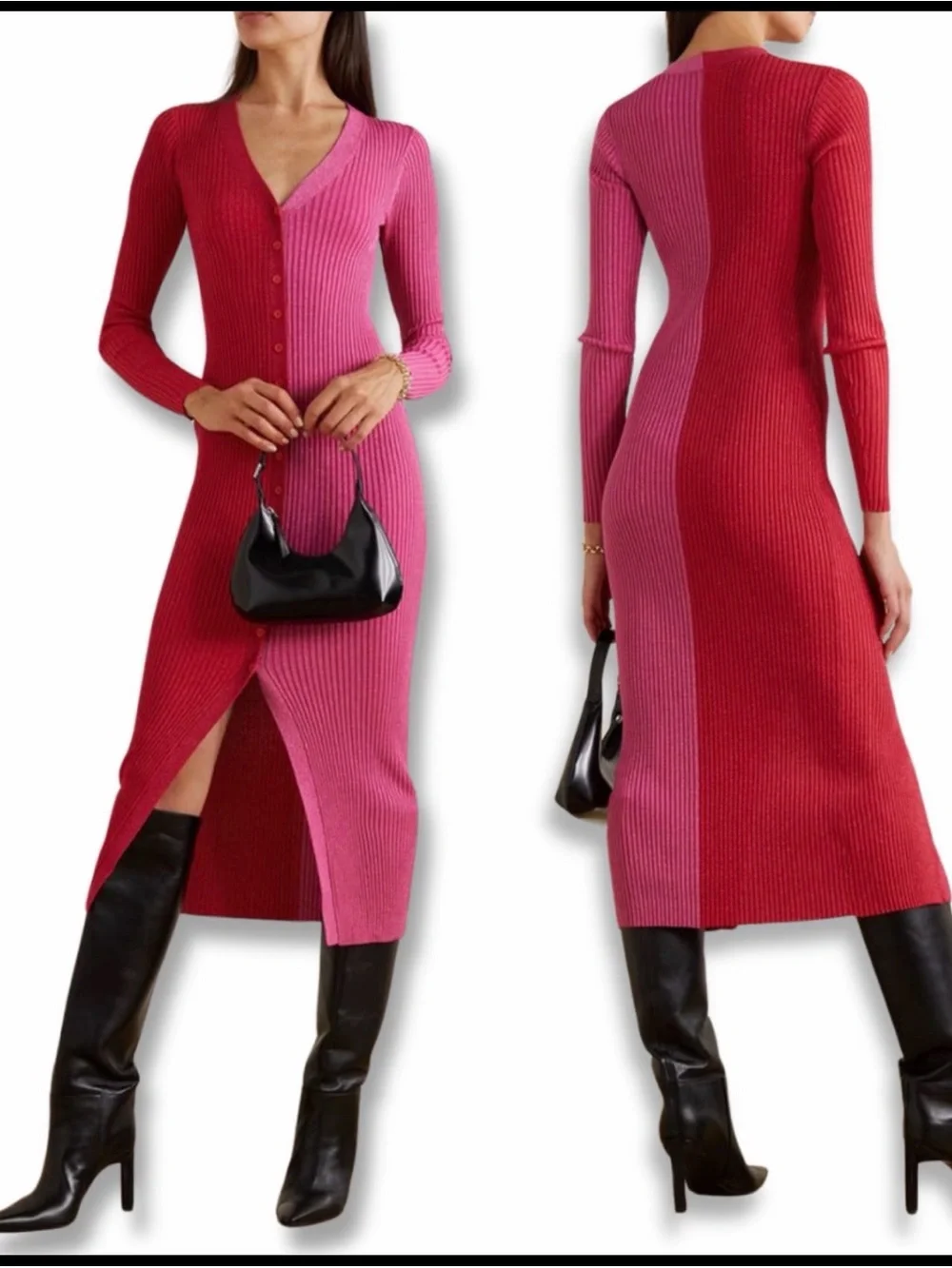 NWOT STAUD Colorblock Rib-Knit Button-Down Metalic  Dress - Pink & Red - Picture 2 of 10